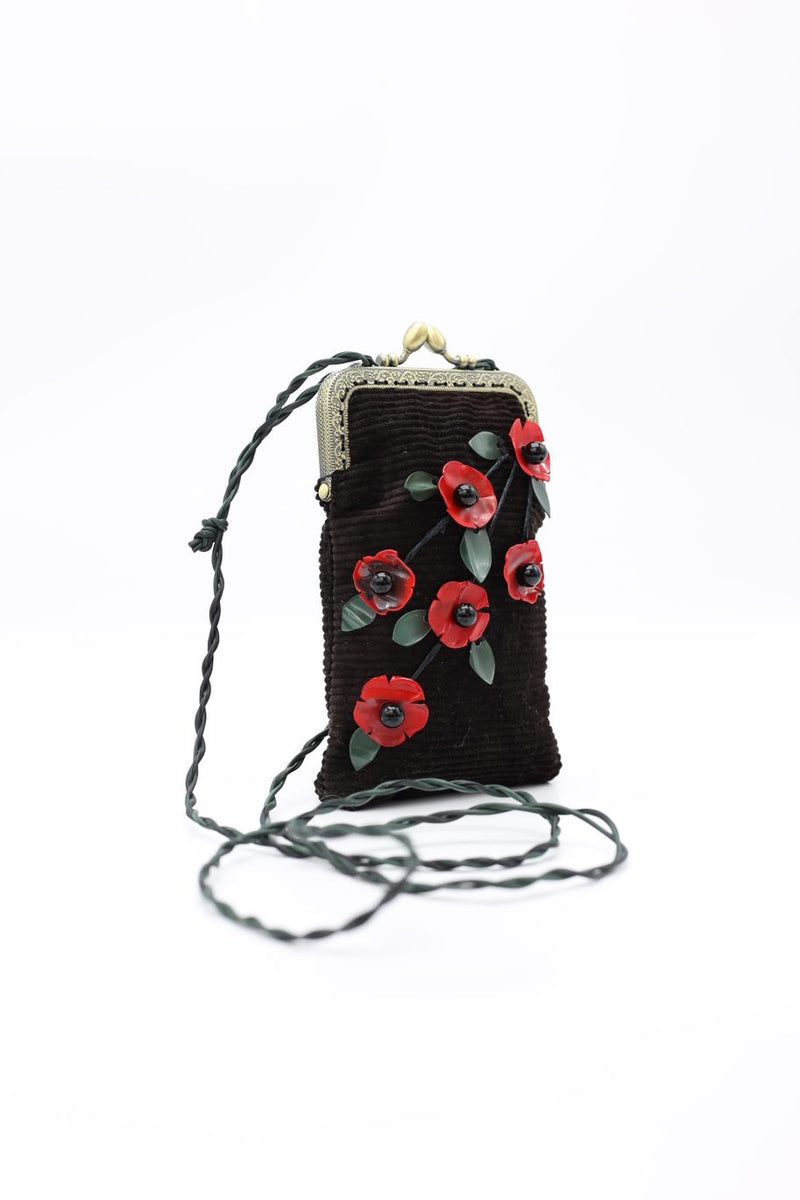Handmade Glasses Case with Leatherette Straps - Poppy with Leaves - Jianhui London