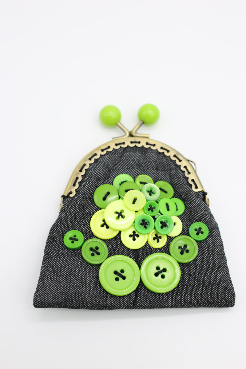HANDMADE SMALL PURSES - RECYCLED CHARCOAL DENIM AND BUTTONS - Jianhui London