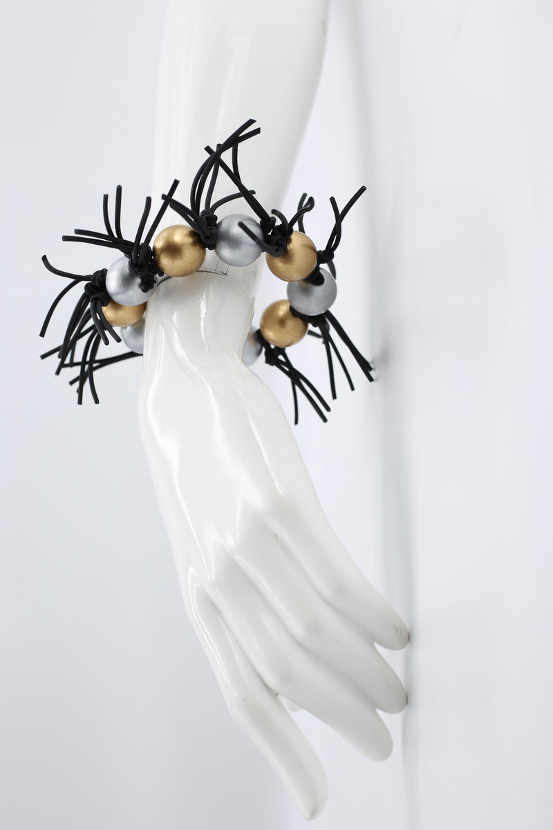 Round Beads and Leatherette Spikes Bracelet - Jianhui London