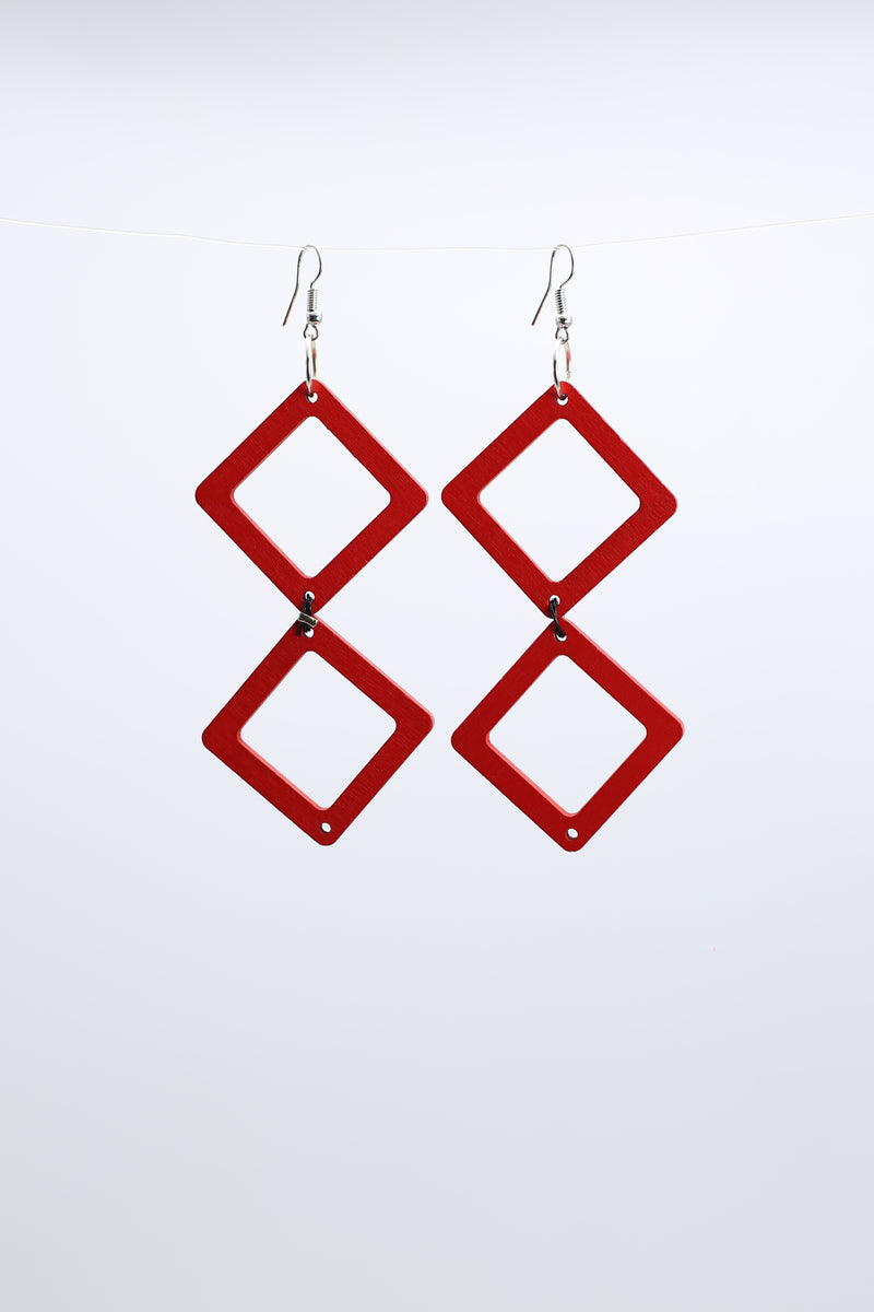 Geometric Chain Earrings - Red - Jianhui London