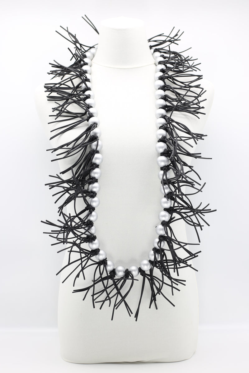 Round Beads & Leatherette Spikes Necklace - Jianhui London