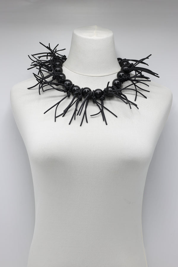 Round Beads & Leatherette Fringe Collar Necklace - Jianhui London