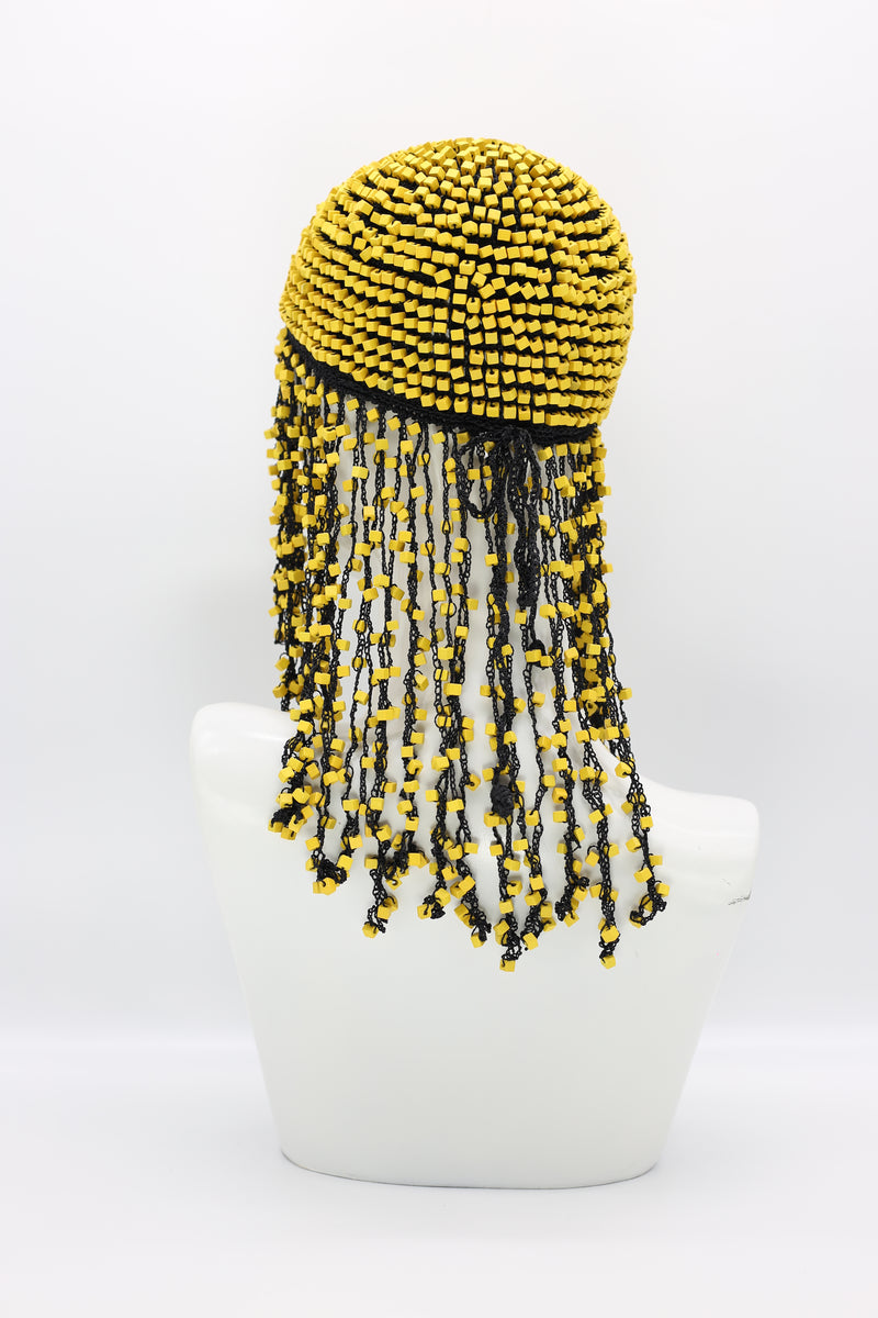 Hand Crocheted Wooden Beads Hat With Tassels - Jianhui London