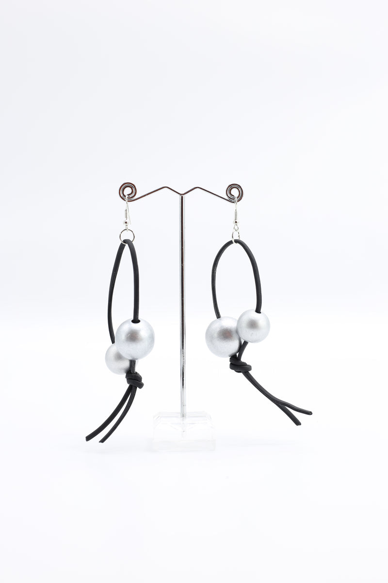 Round Beads on Leatherette Loop Earrings - Double - Jianhui London