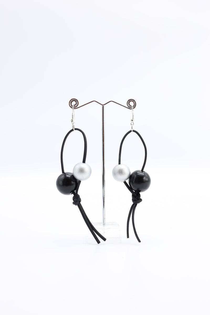Round Beads on Leatherette Loop Earrings - Double - Jianhui London