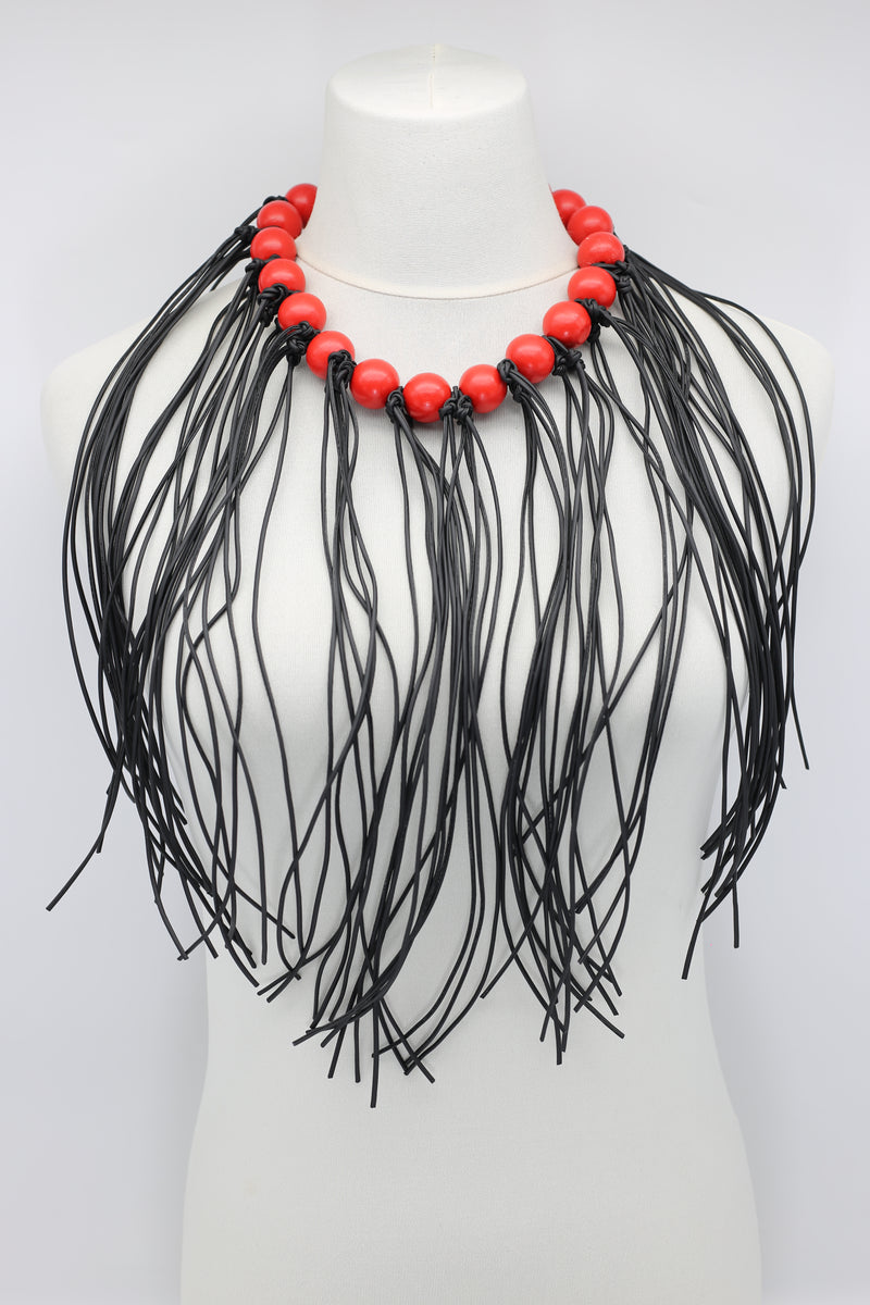 Round Beads & Leatherette Fringe Necklace - Jianhui London