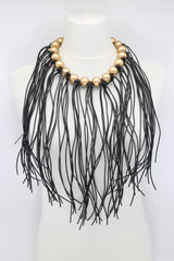 Round Beads & Leatherette Fringe Necklace - Jianhui London