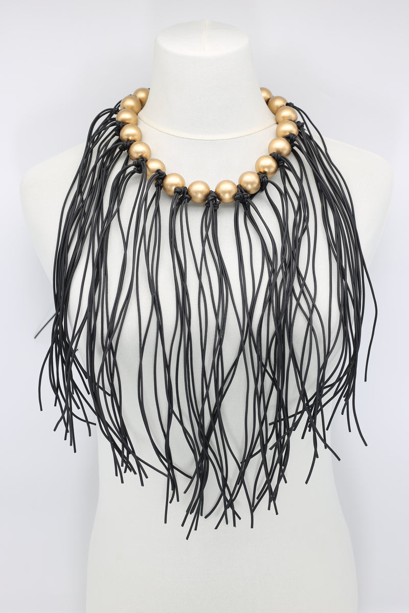 Round Beads & Leatherette Fringe Necklace - Jianhui London