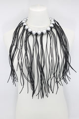 Round Beads & Leatherette Fringe Necklace - Jianhui London