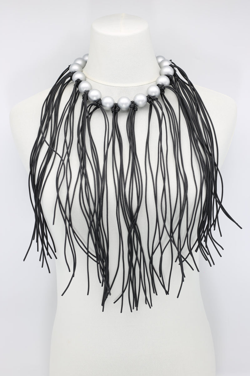 Round Beads & Leatherette Fringe Necklace - Jianhui London