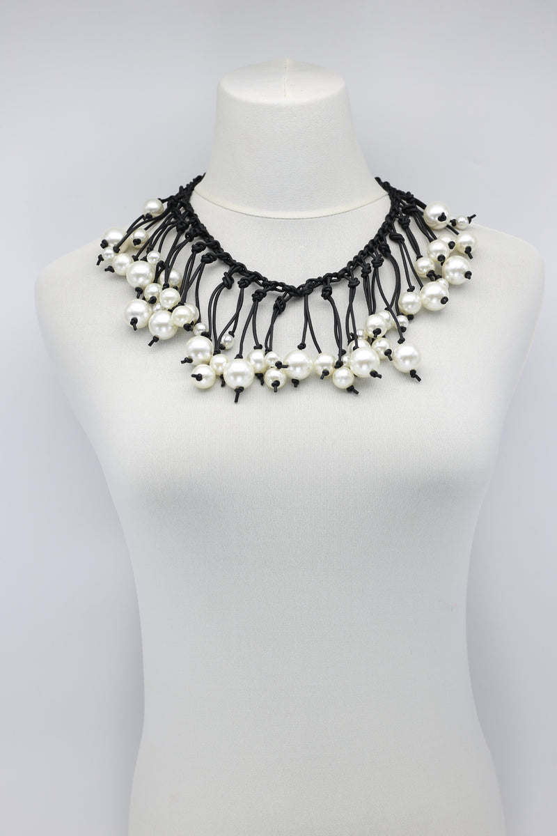 Faux Pearls on Hand-woven Leatherette Collar Necklace - White - Jianhui London