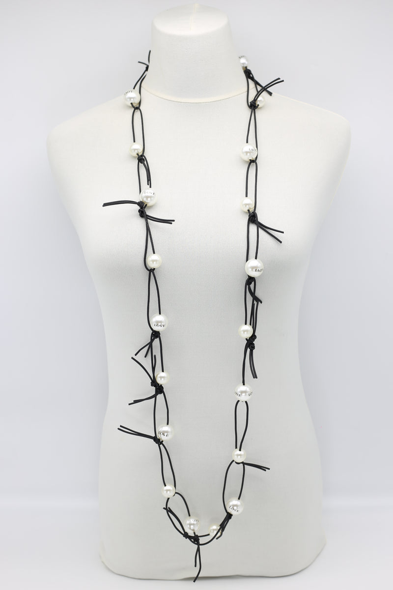 Faux Pearl "Love" on Leatherette Chain Necklace - Jianhui London