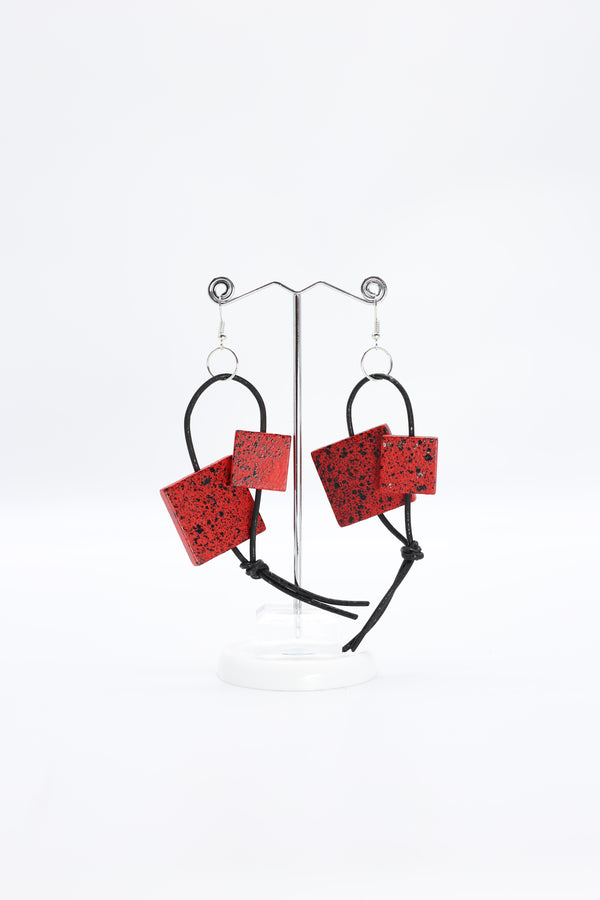 Squares on Leatherette Loop Earrings - Hand painted - Jianhui London