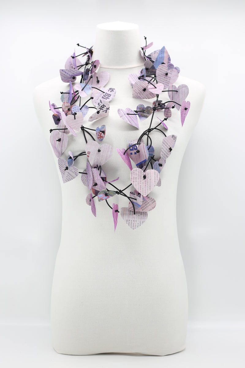 Waterproof Recycled Newspaper Hearts on Leatherette Fishbone Necklace - Jianhui London