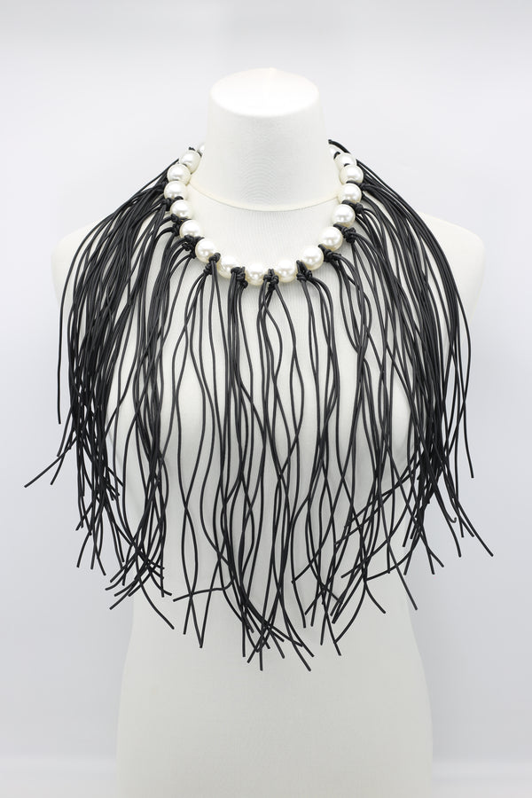 Faux Pearl with Leatherette Fringe Necklace - Jianhui London