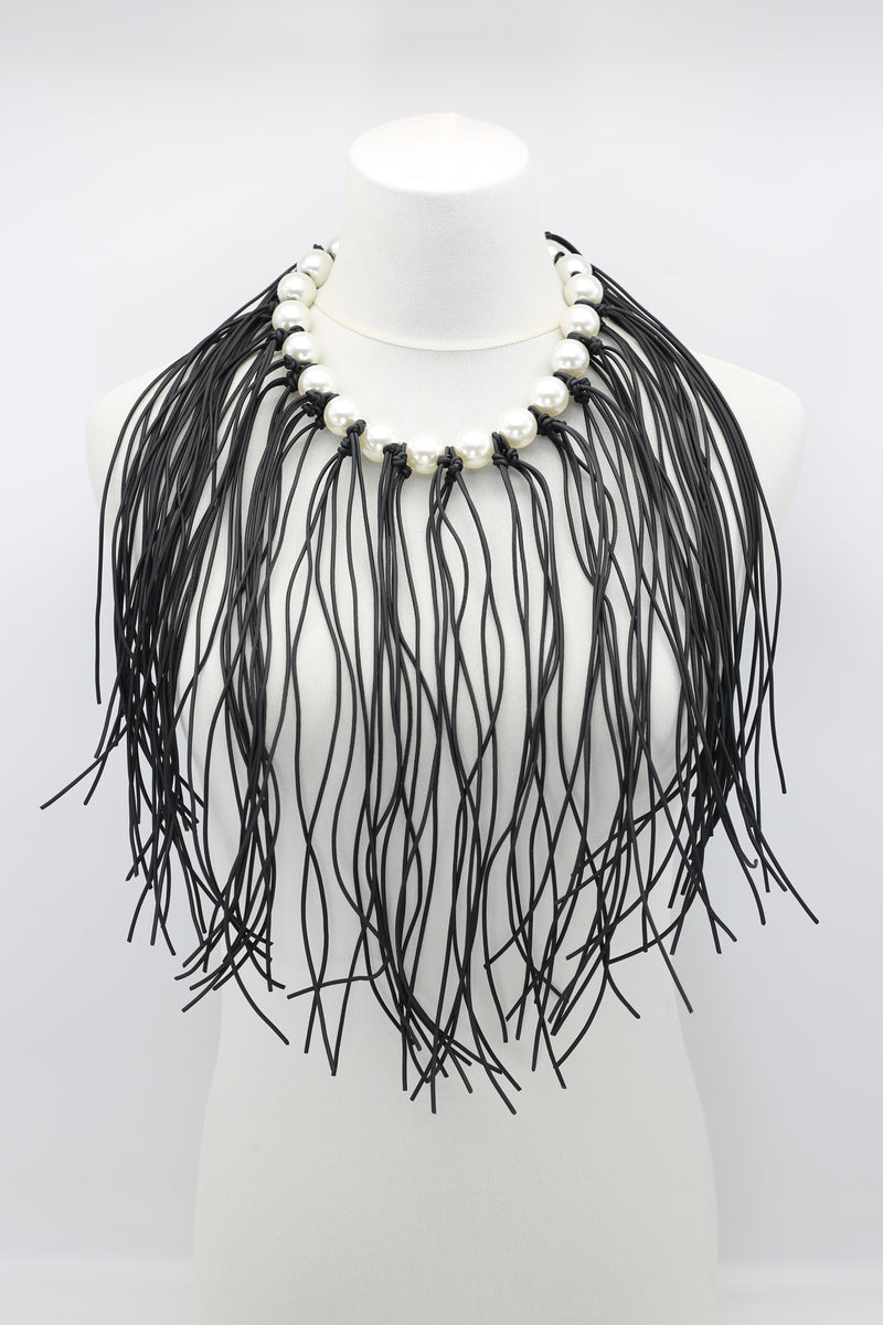 Faux Pearl with Leatherette Fringe Necklace - Jianhui London