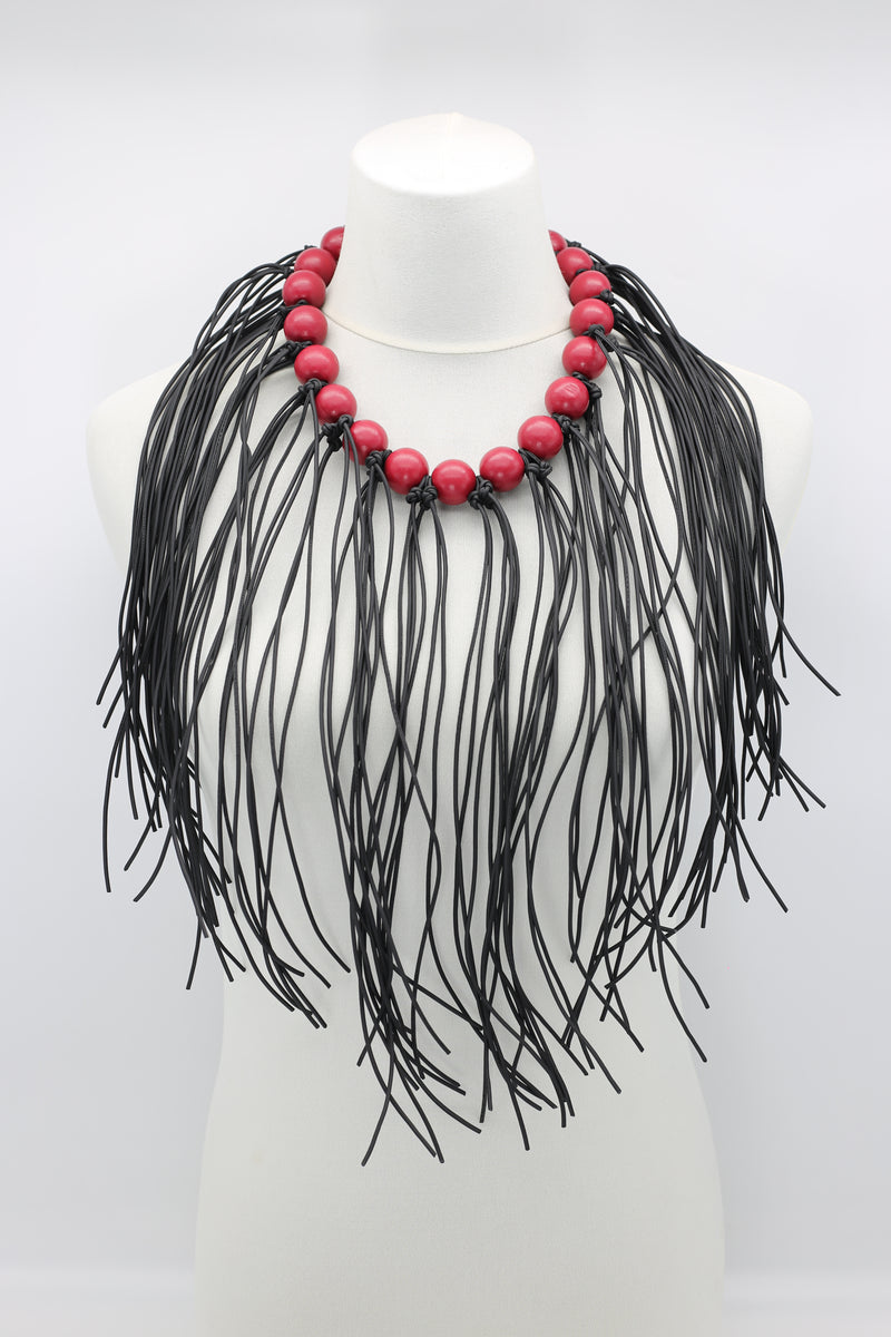 Round Beads & Leatherette Fringe Necklace - Jianhui London