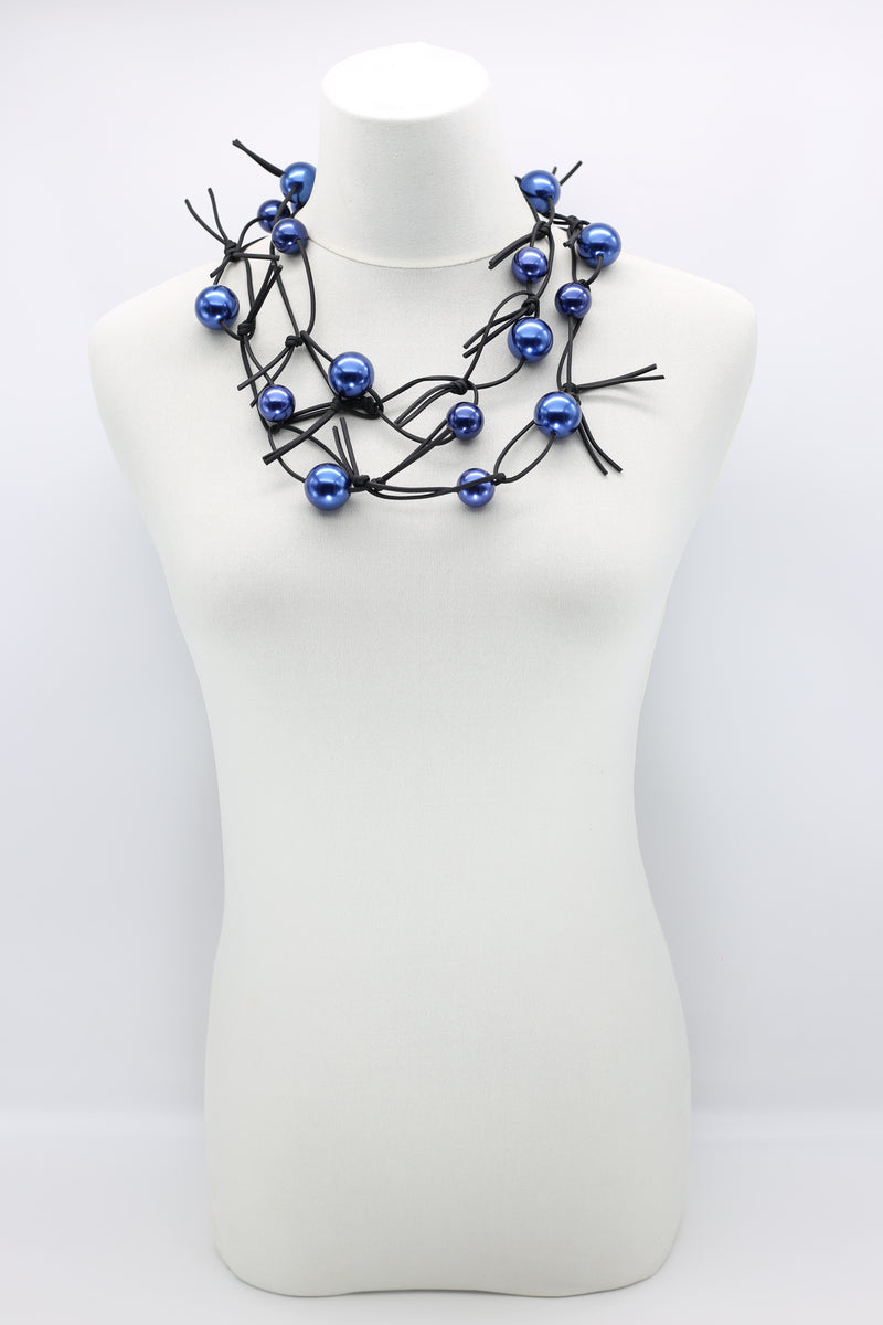 Faux Pearls on Leatherette Chain Necklace - Navy - Jianhui London