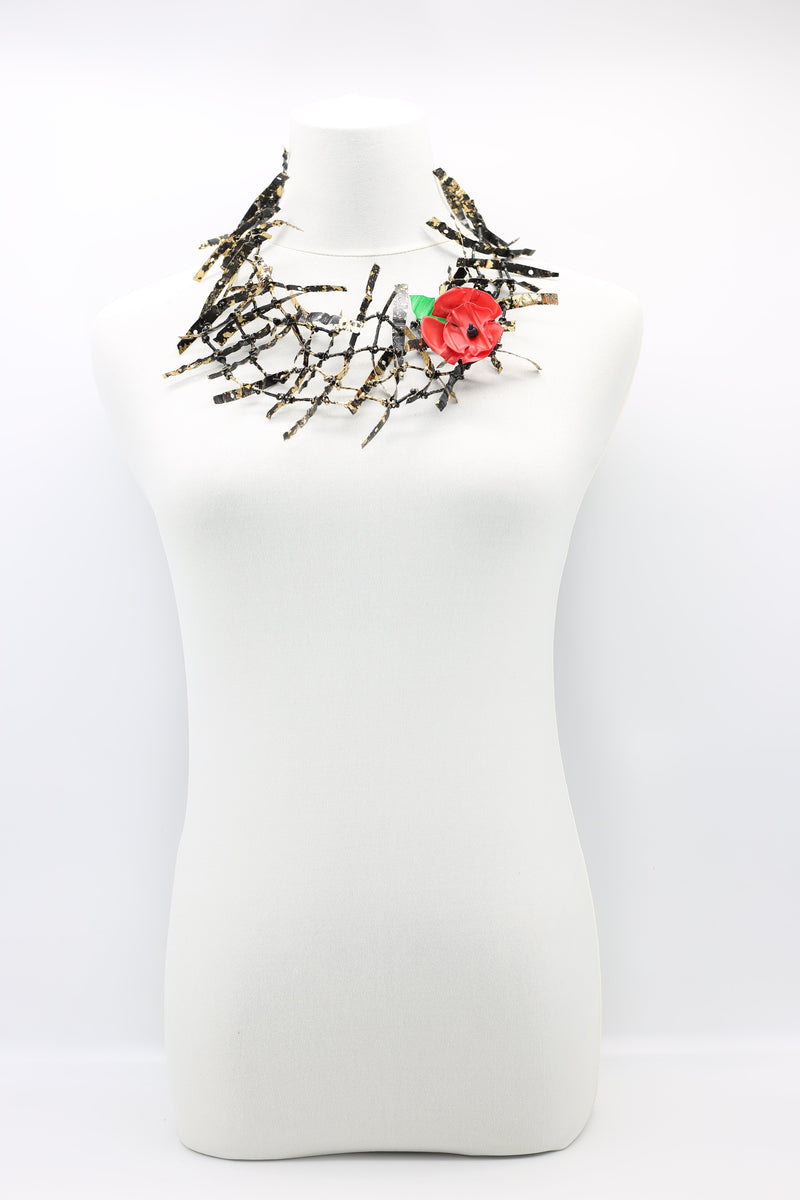 Upcycled plastic bottles - Ladder Necklace with Poppy brooch-Red - Jianhui London