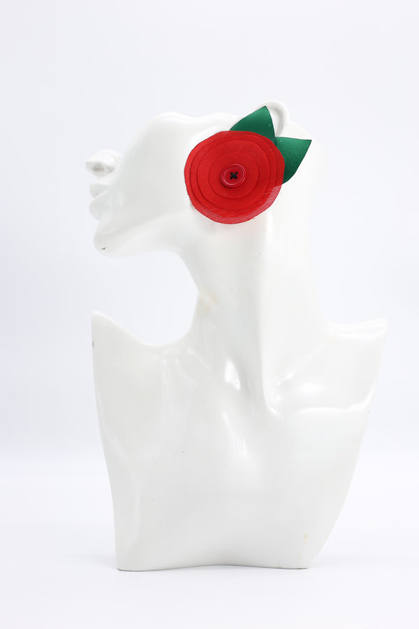 Handmade Recycled Fabric Flower With Leaves Clip On Earring - Jianhui London