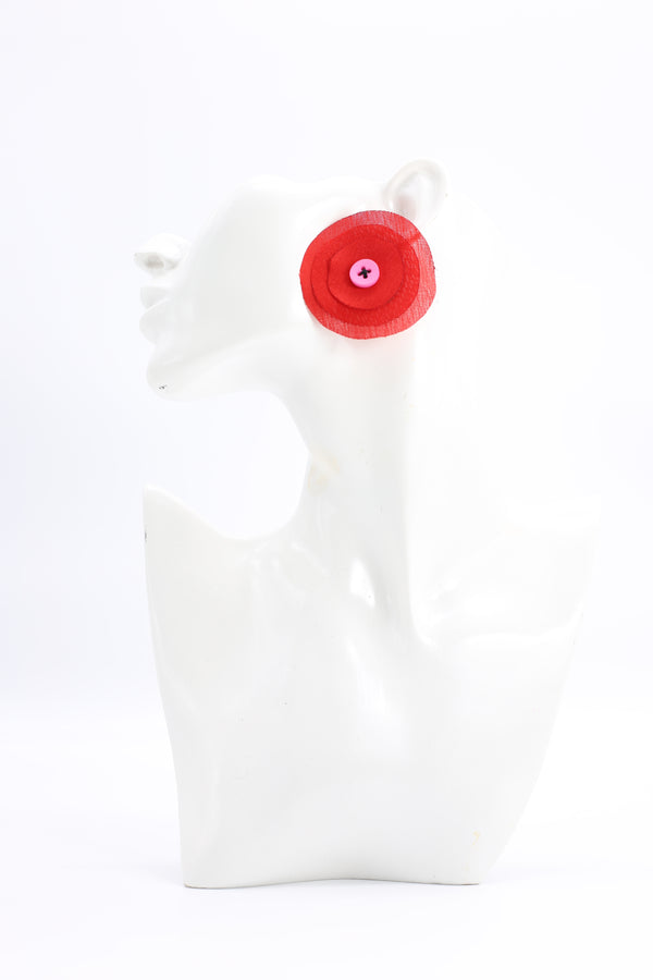 Handmade Recycled Fabric Flower With Leaves Clip On Earring - Jianhui London