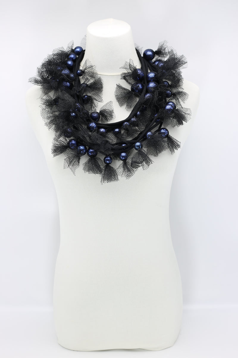 Mesh wrapped blue pearls on black cord - Jianhui London