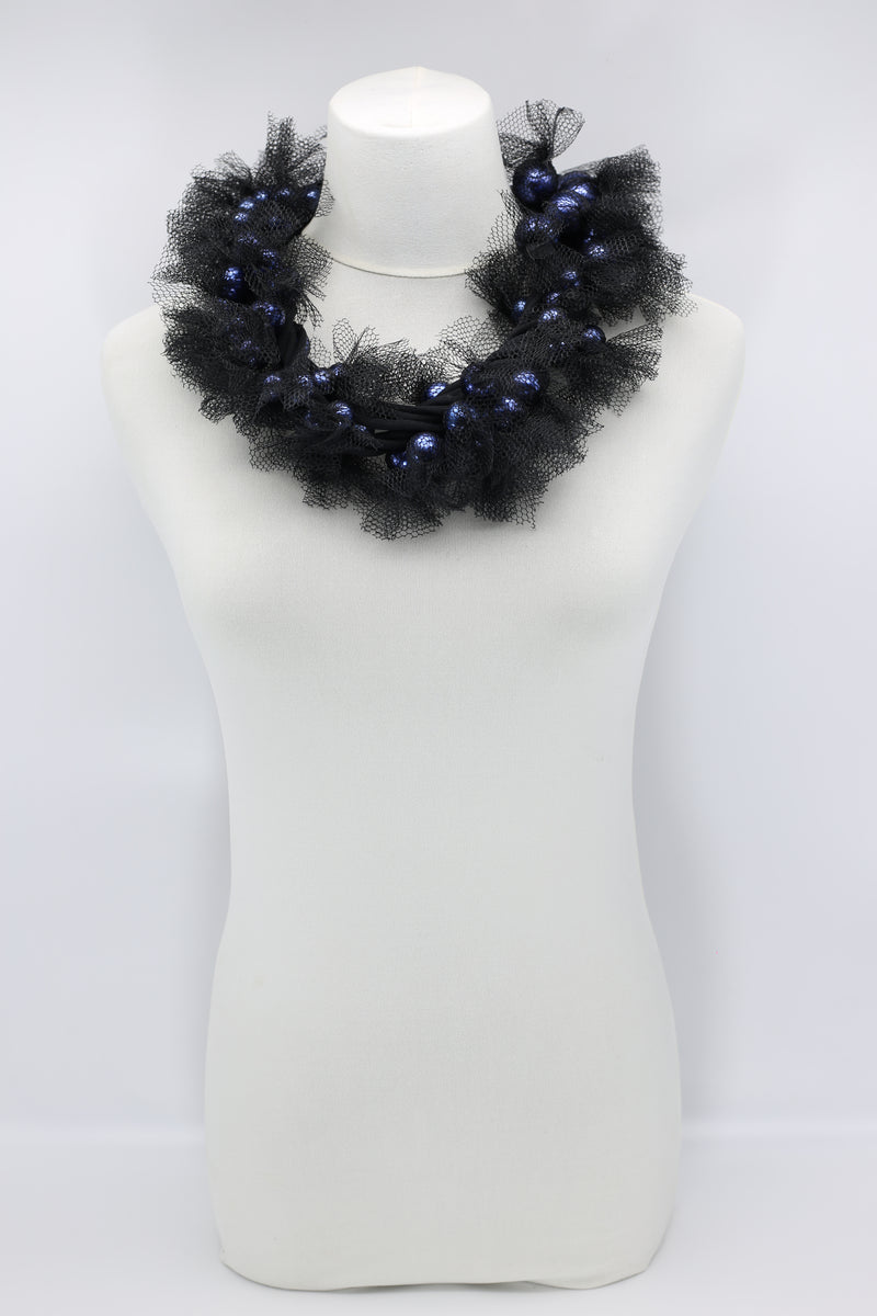 Mesh wrapped blue pearls on black cord - Jianhui London