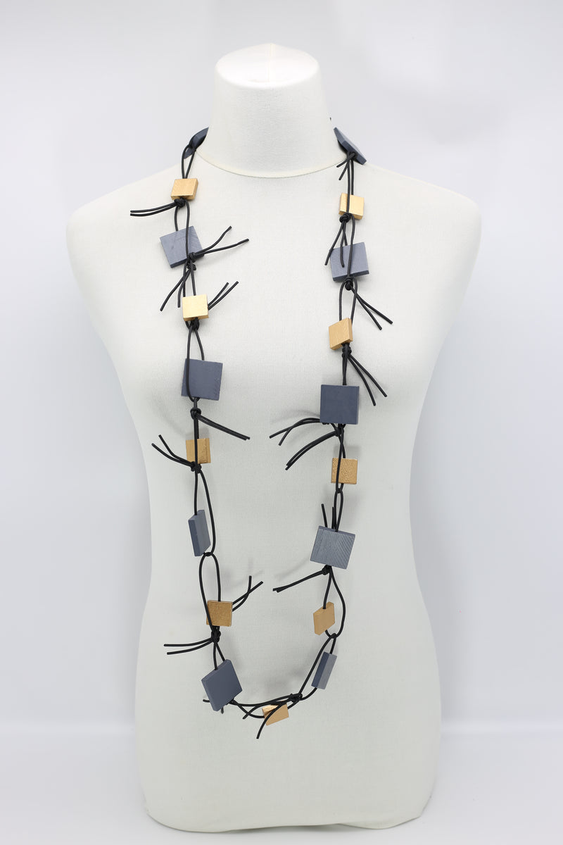 Wooden Squares on Leatherette Chain Necklaces - Duo - Jianhui London