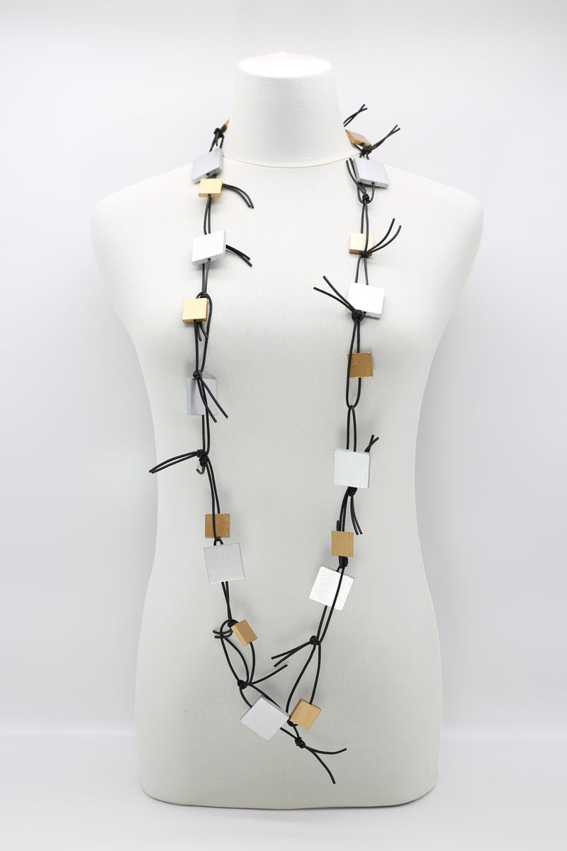 Wooden Squares on Leatherette Chain Necklaces - Duo - Jianhui London