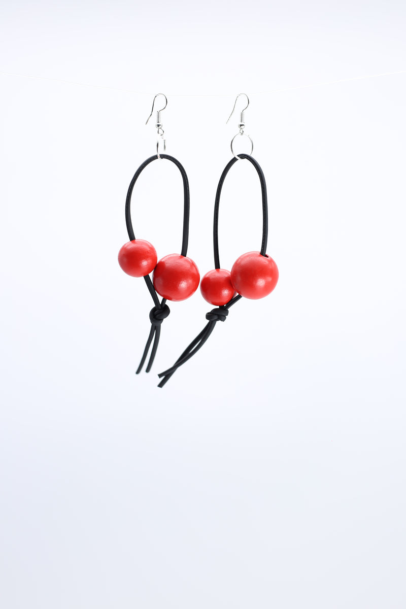 Round Beads on Leatherette Loop Earrings - Double - Jianhui London