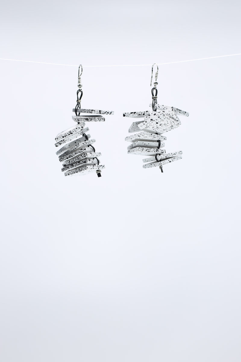 Wooden Square Slate Earrings - Hand-painted White/Black - Jianhui London