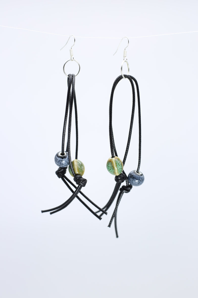 Ceramic Beads on Double Leatherette Loop Earrings - Jianhui London