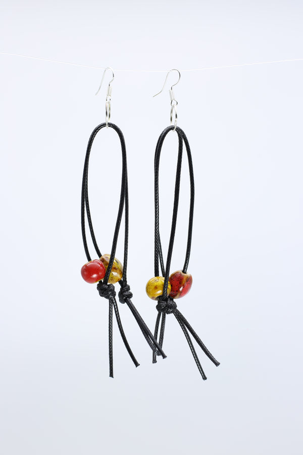 Ceramic Beads on Double Leatherette Loop Earrings - Jianhui London