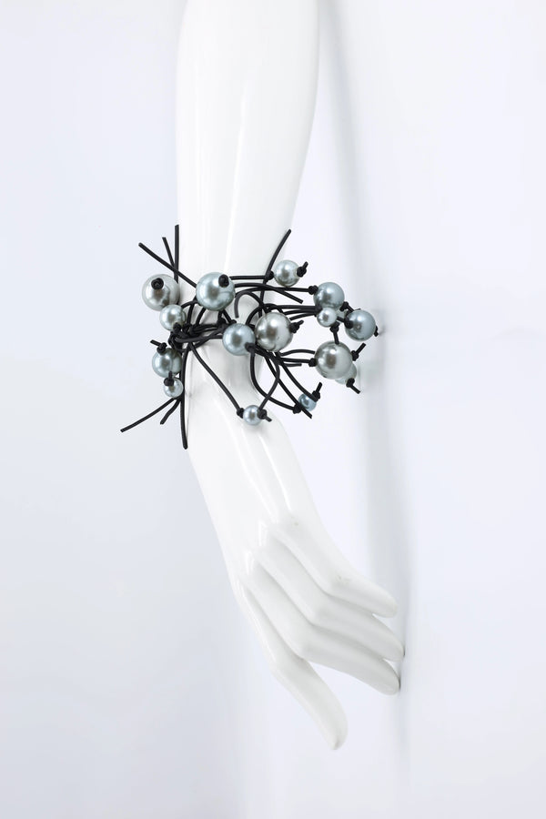 Faux Pearl on Elastic Fishbone Leatherette Bracelet - Jianhui London