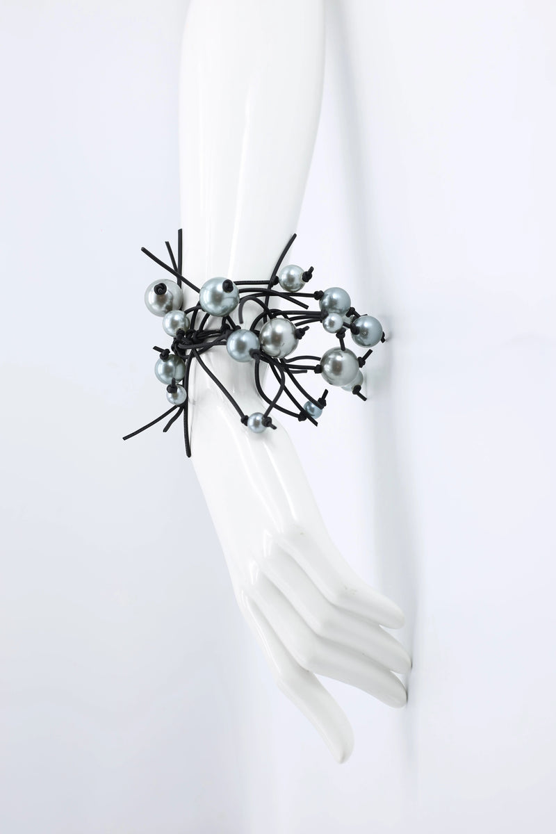 Faux Pearl on Elastic Fishbone Leatherette Bracelet - Jianhui London