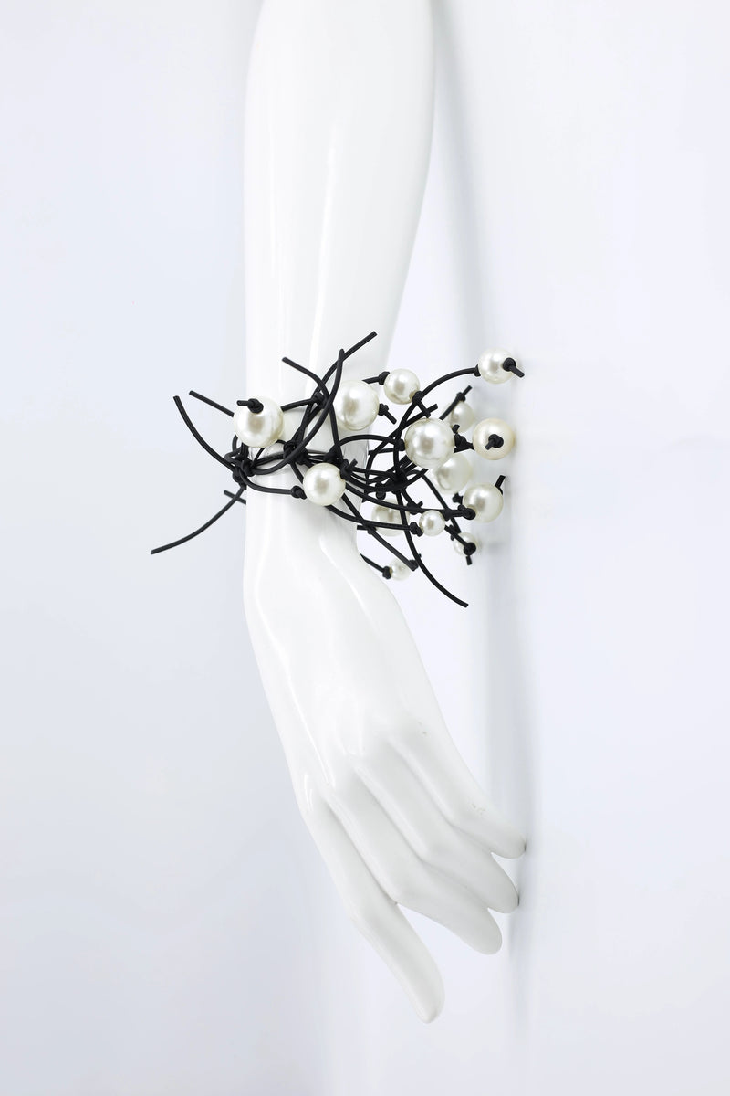 Faux Pearl on Elastic Fishbone Leatherette Bracelet - Jianhui London