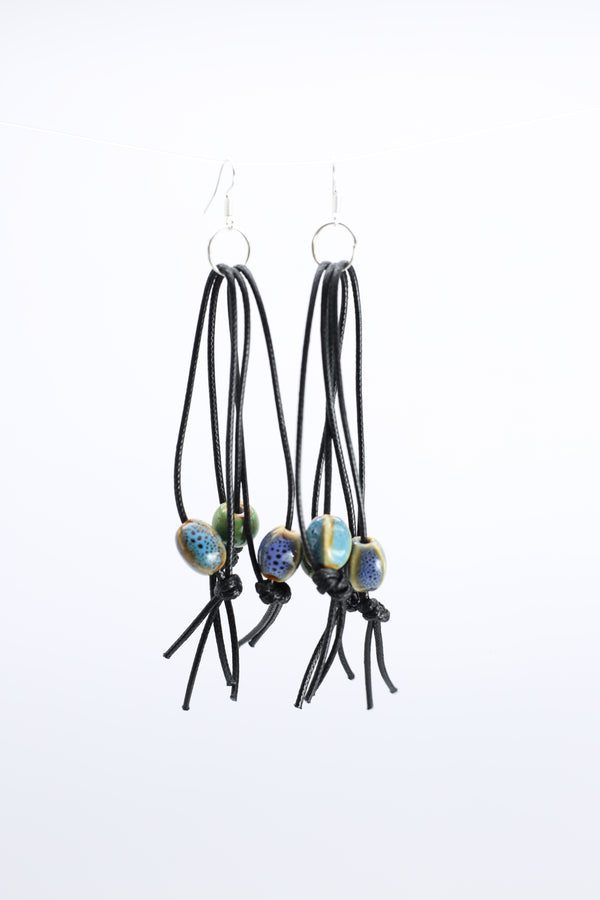 Ceramic Beads on Triple Leatherette Loop Earring Green/Turquoise/Blue - Jianhui London