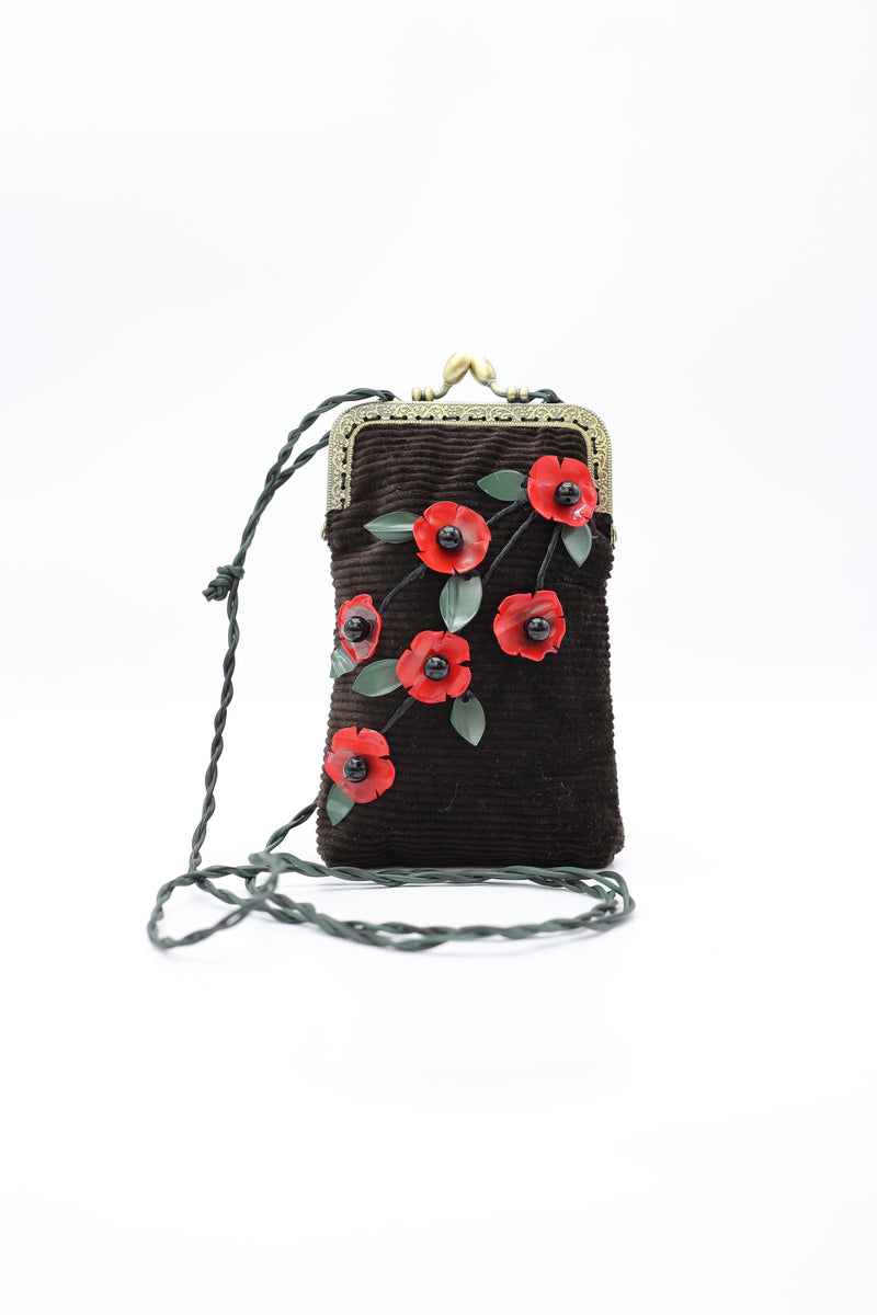 Handmade Glasses Case with Leatherette Straps - Poppy with Leaves - Jianhui London