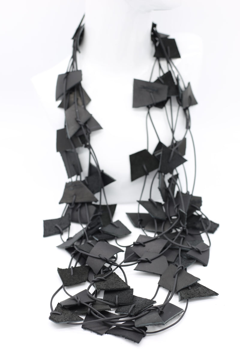 Recycled Leather Small Irregular Shapes Necklace - Black - Jianhui London