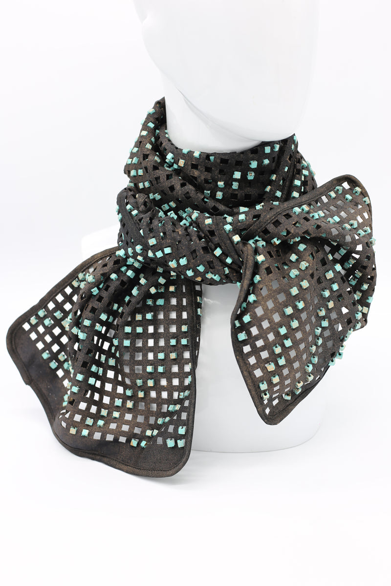 Square Beads on Lazer-cut Fabric Scarf - Hand-painted - Jianhui London