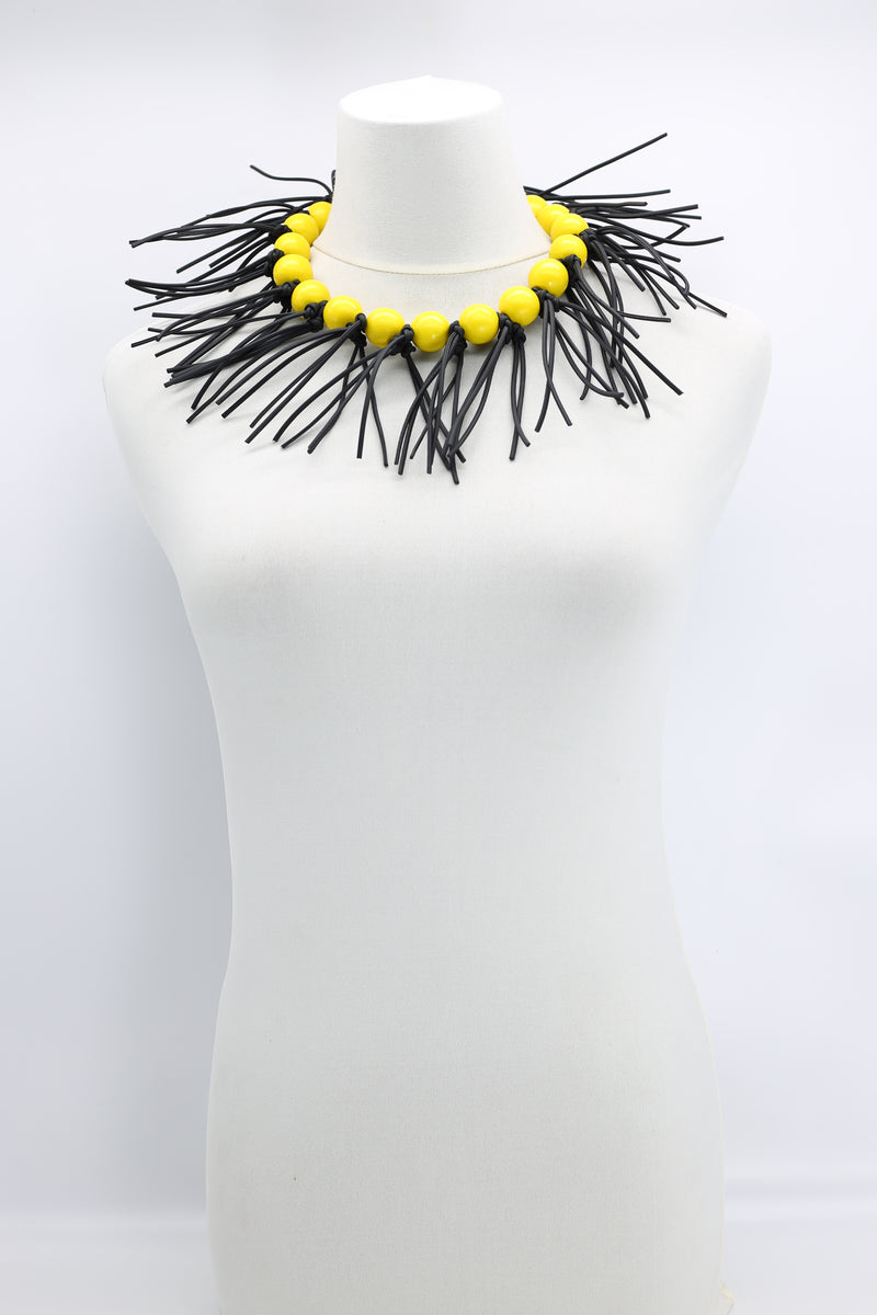 Round Beads & Leatherette Fringe Collar Necklace - Jianhui London