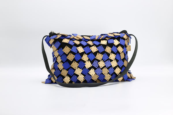 Hand-crocheted 2x2cm Wooden Square Bag - Cobalt Blue/Gold - Jianhui London
