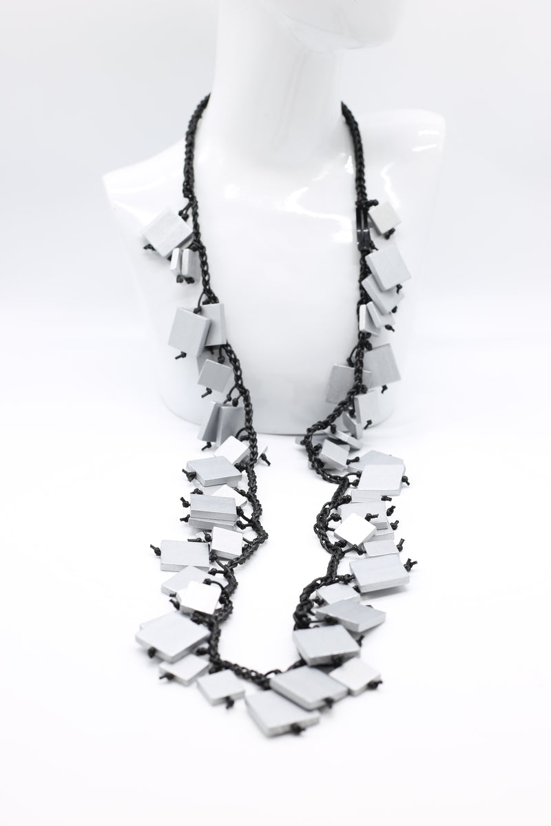 Wooden Squares on Cotton Cord Necklace - Long - Jianhui London