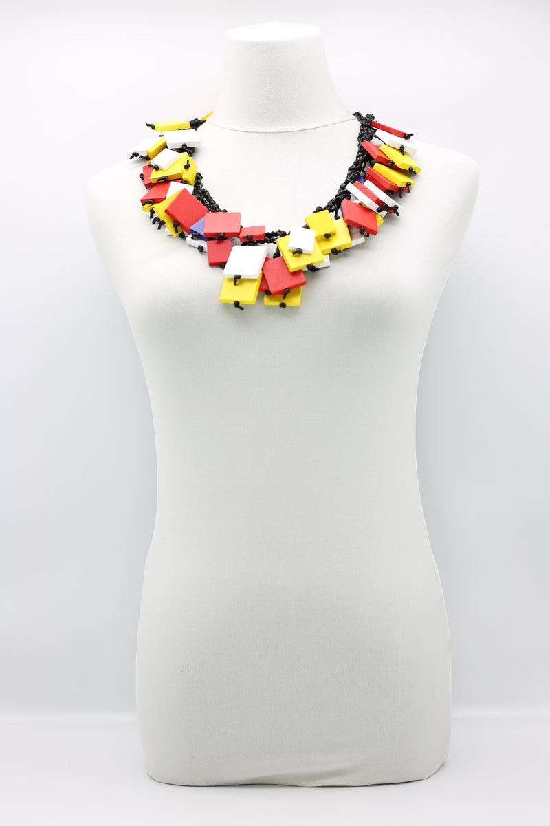 Mondrian Collection - Wooden Squares on Cotton Cord Necklace - Jianhui London