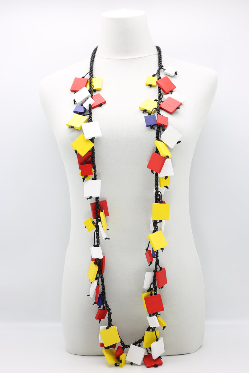 Mondrian Collection - Wooden Squares on Cotton Cord Necklace - Jianhui London