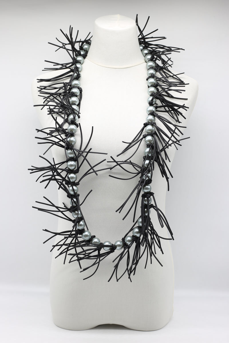 Faux Pearl with Leatherette Spikes Necklace & Bracelet Set - Grey/White - Jianhui London