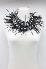 Faux Pearl with Leatherette Spikes Necklace & Bracelet Set - Grey/White - Jianhui London