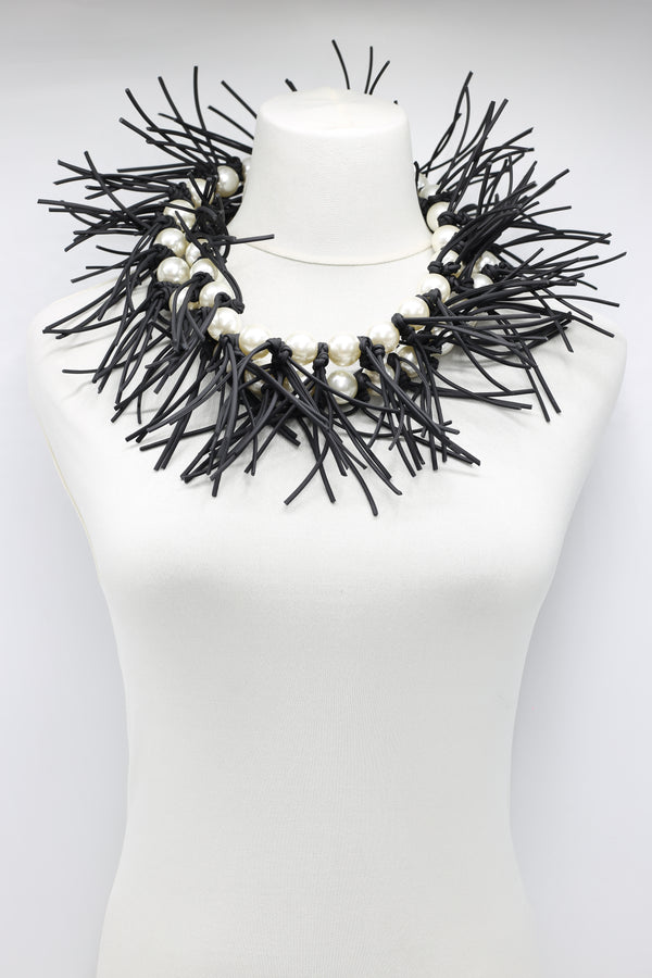 Faux Pearl with Leatherette Spikes Necklace & Bracelet Set - White - Jianhui London