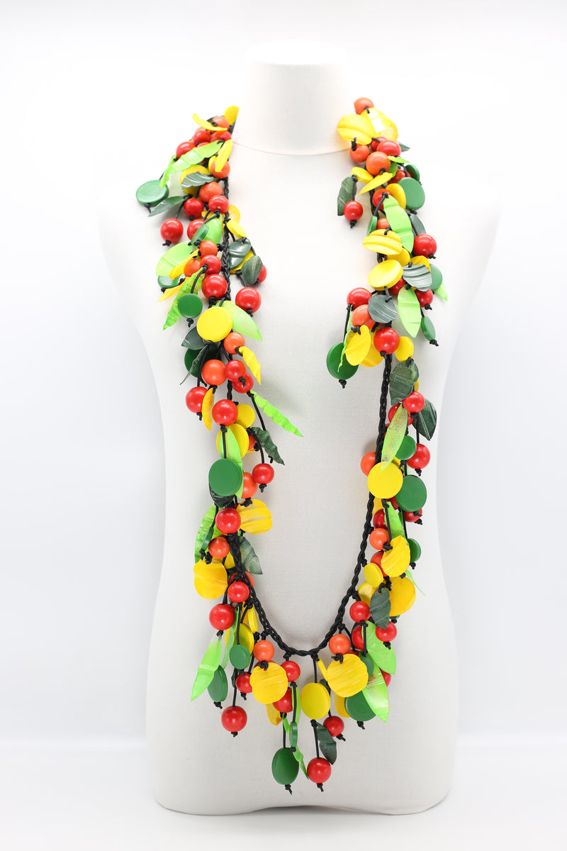 Vintage Inspired Wooden Beads and Plastic Leaf Mixed Fruit Necklace - Long - Jianhui London