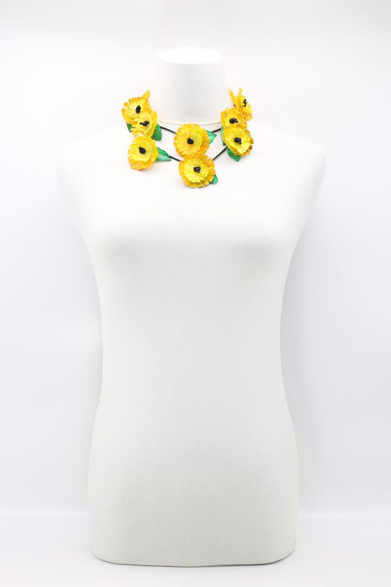 Upcycled plastic bottles - sunflower with green leaf necklace- Short -Yellow - Jianhui London
